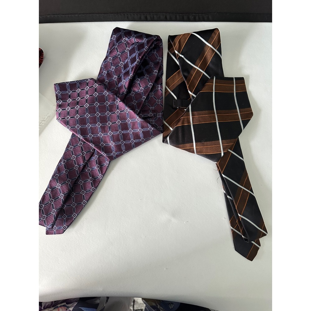 John W Nordstrom Mens Silk Tie Bundle 2 Pack Geometric Plum‎ Brown Striped USA